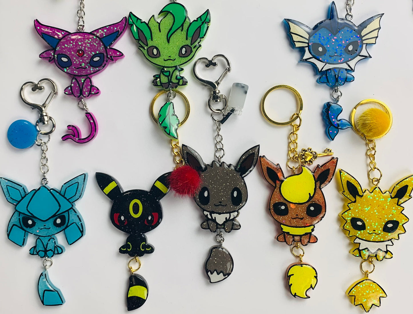Magic Fox Wiggle Tail Keychain, Hand Painted Resin, Eeveelution Charm, Poke Inspired Resin Keychain
