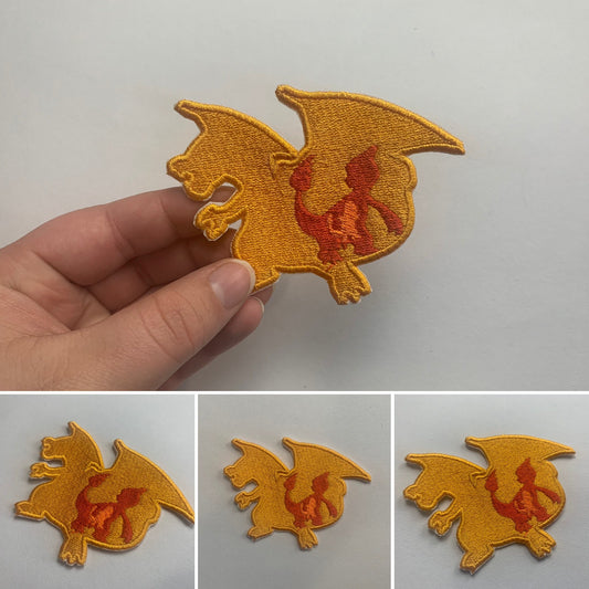 Fire Lizard Evolution Line Iron-on Patch, Silhouette, Dragon, Anime, Animal Monster Inspired Embroidery